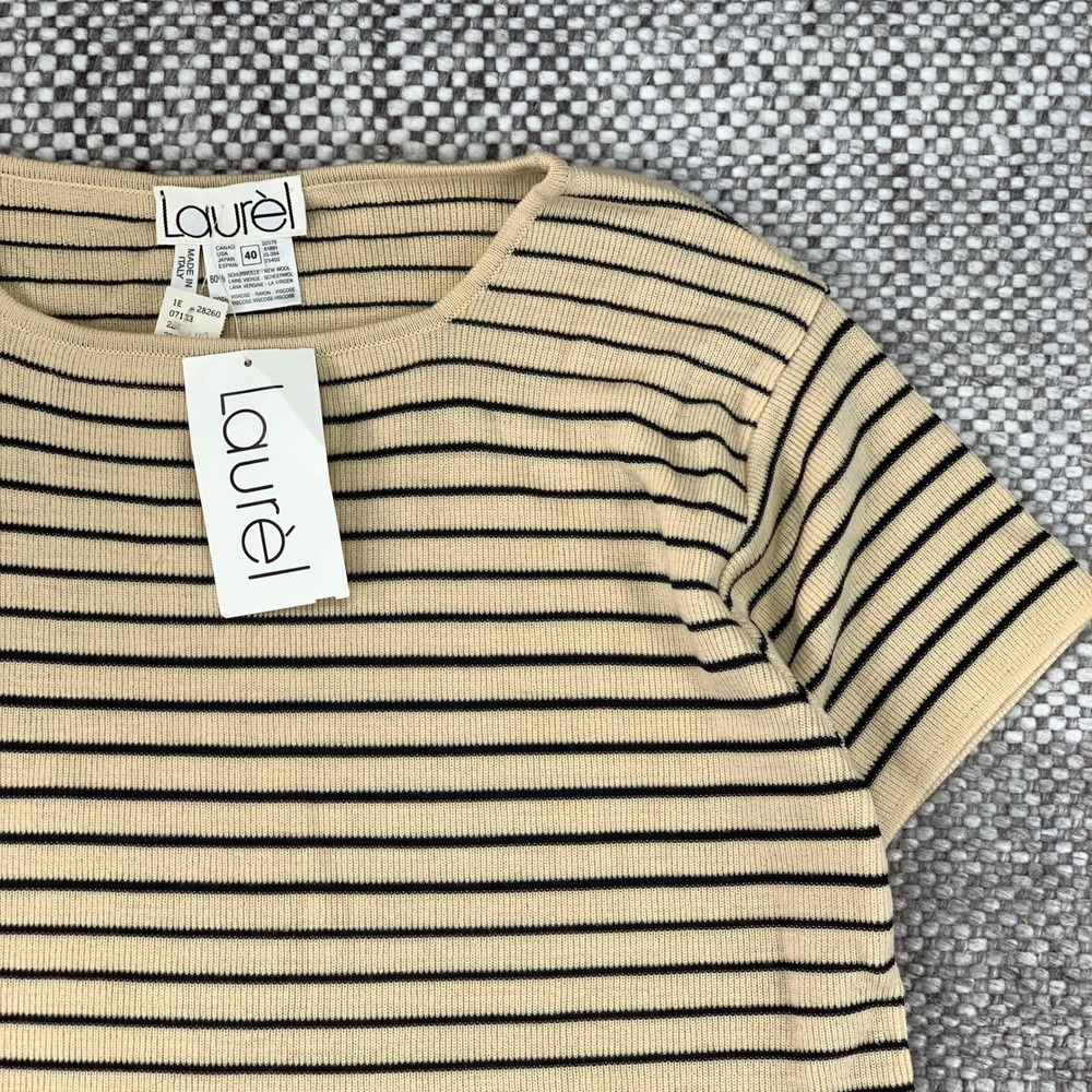 Laurel Knit Sweater Womens 40 Beige Black Striped Short Sleeve Wool Blend Italy